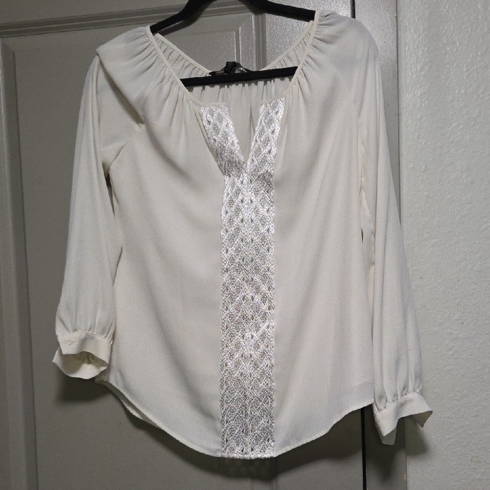 White House Black Market Ivory Blouse with Metallic Details